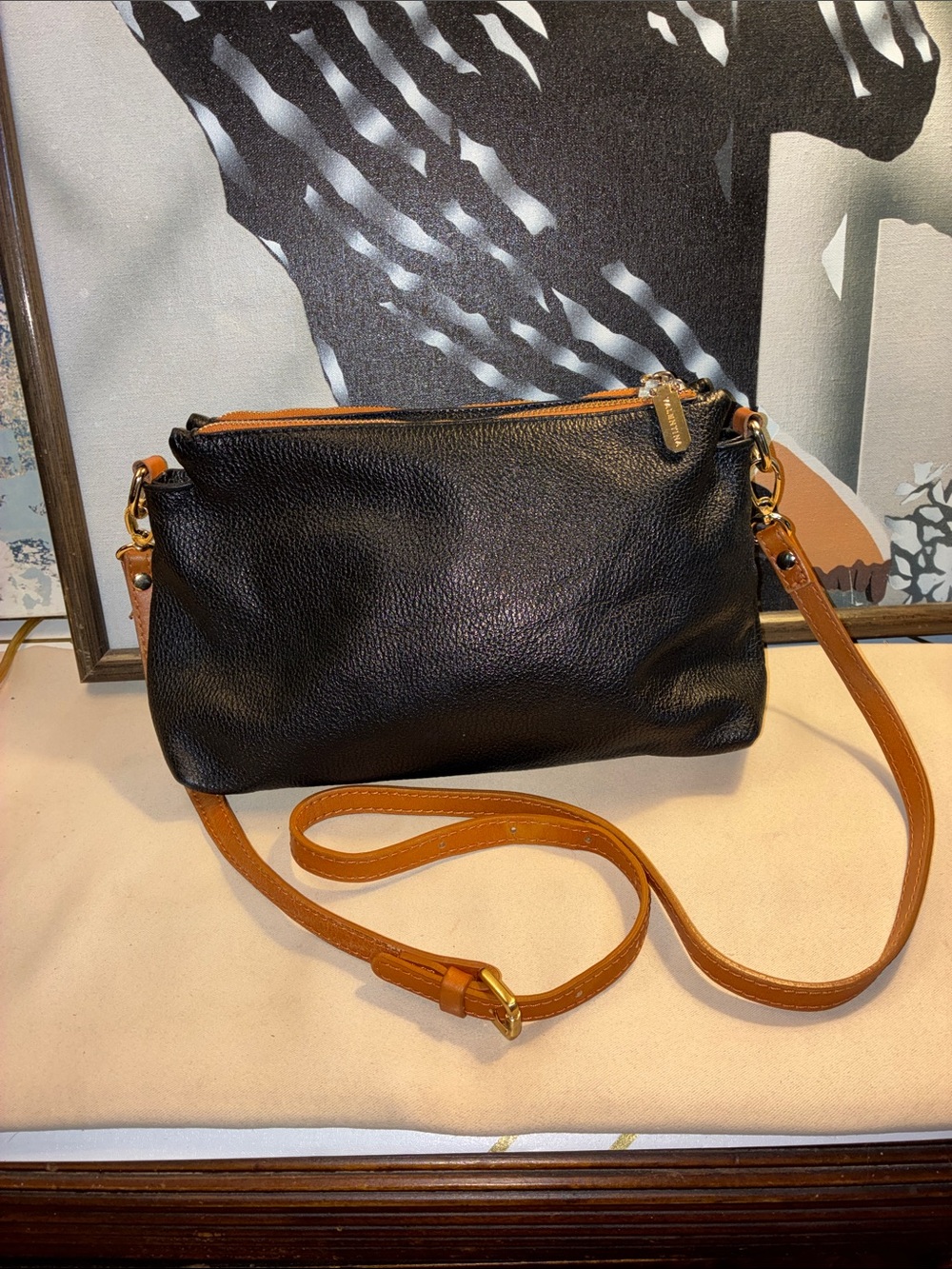Genuine Made Italy Valentina Essential Black Leather Crossbody Bag with Tan
